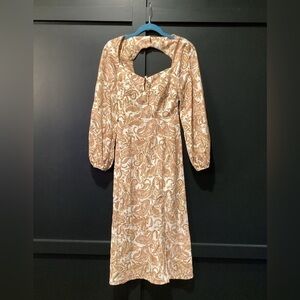Wayf Gold brown and White Paisley midi Dress long sleeve bohemian chic xs